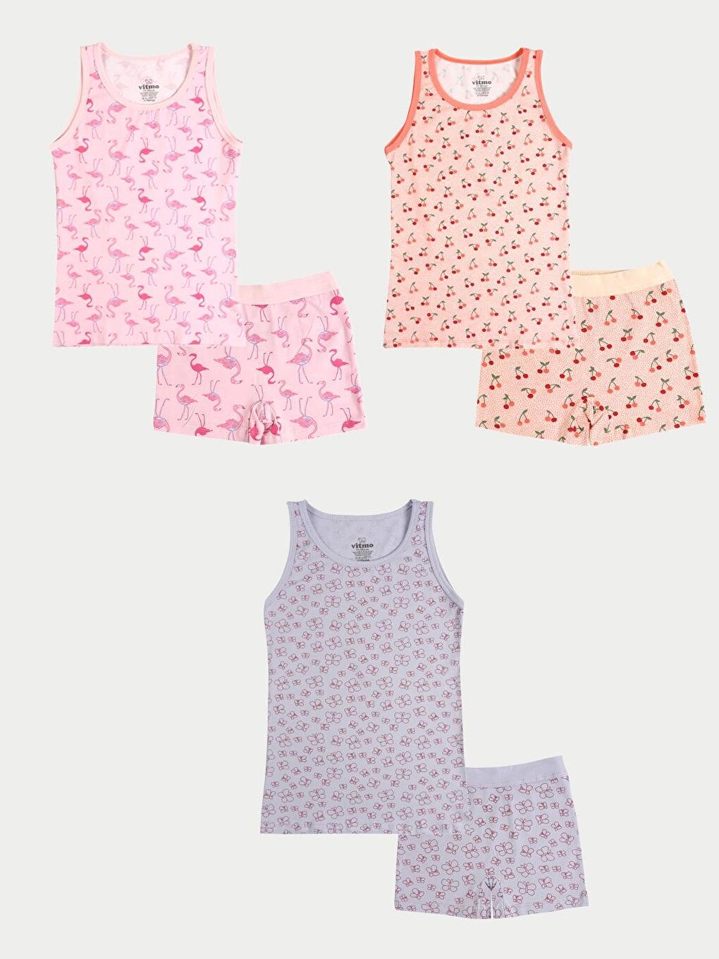 Vitmo Karişik Kız Çocuk Pamuklu 3'Lü Atlet 3'Lü Şort Boxer Karışık Renk Cherry 6 Parça Set