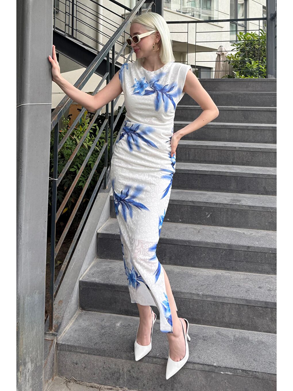 Mavi Desenli Midi Boy Kadın Elbise Mg2464-3