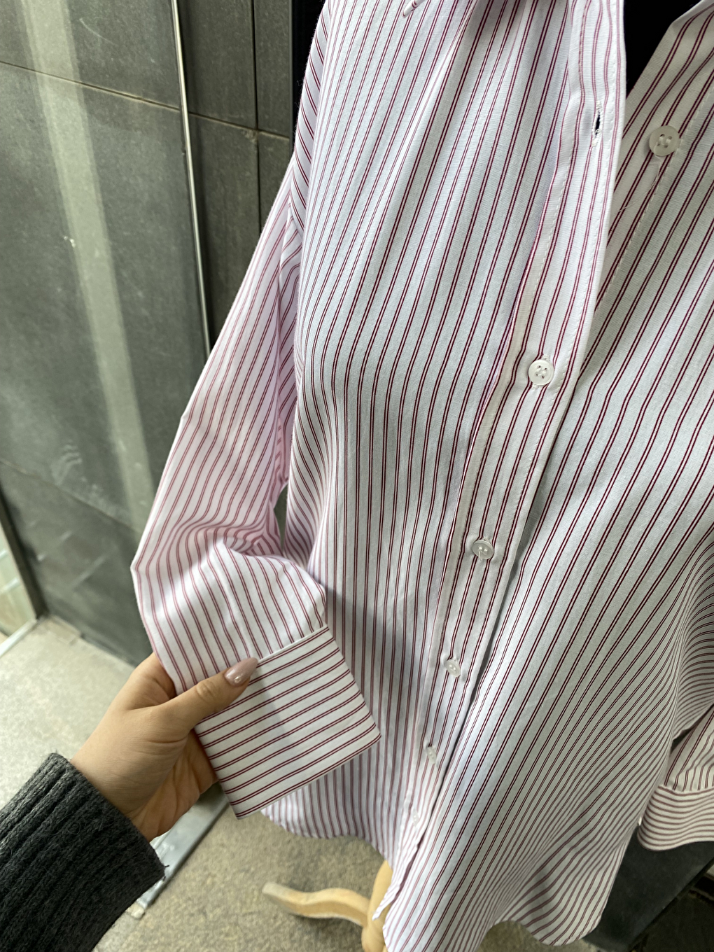 Bordo Çizgili Oversize Kadın Gömlek-5