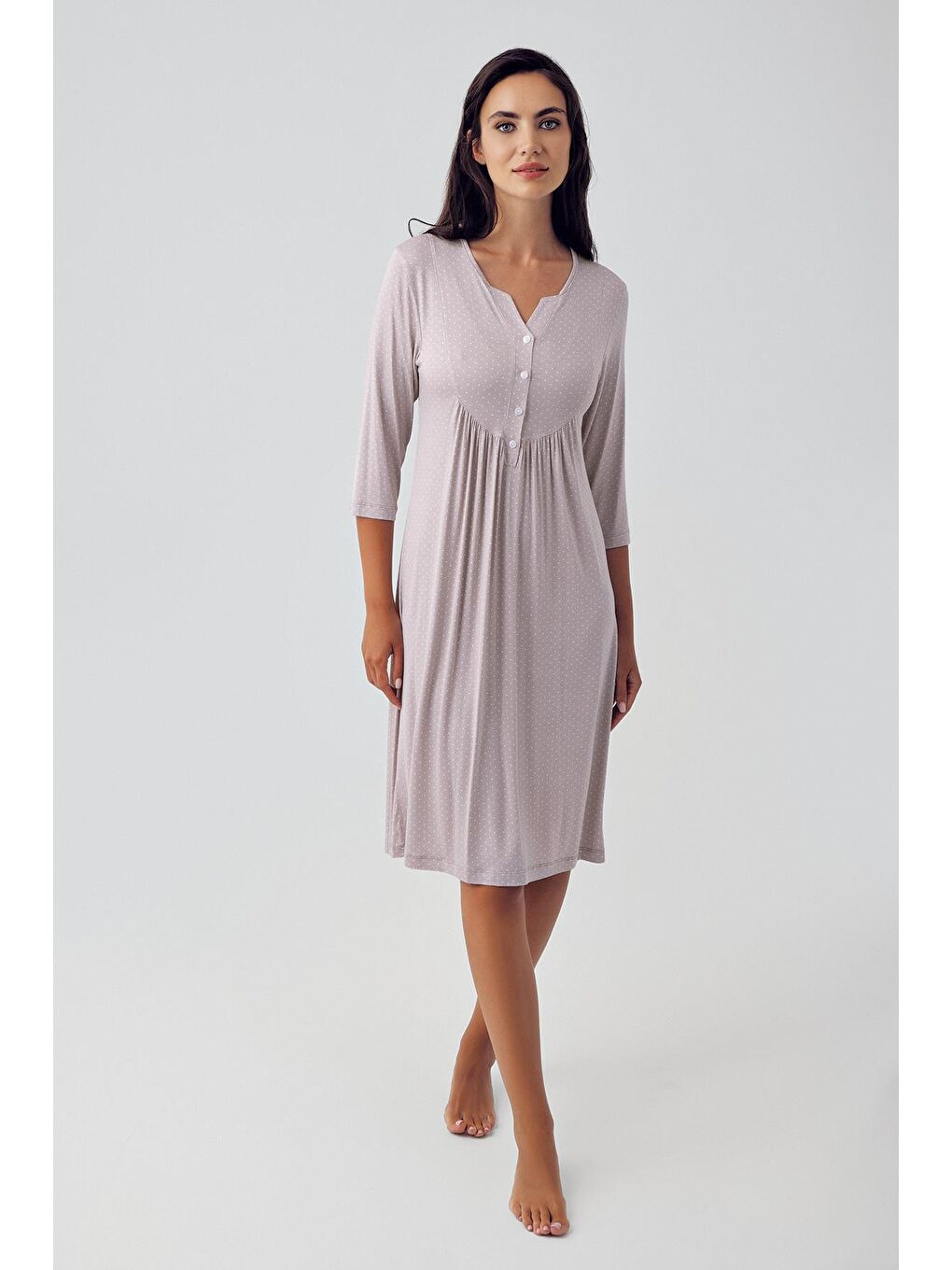 Bej Kısa Kollu Düğmeli Elastanlı Viskon Gecelik 15104