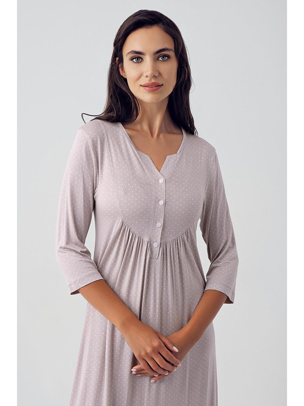 Bej Kısa Kollu Düğmeli Elastanlı Viskon Gecelik 15104-1