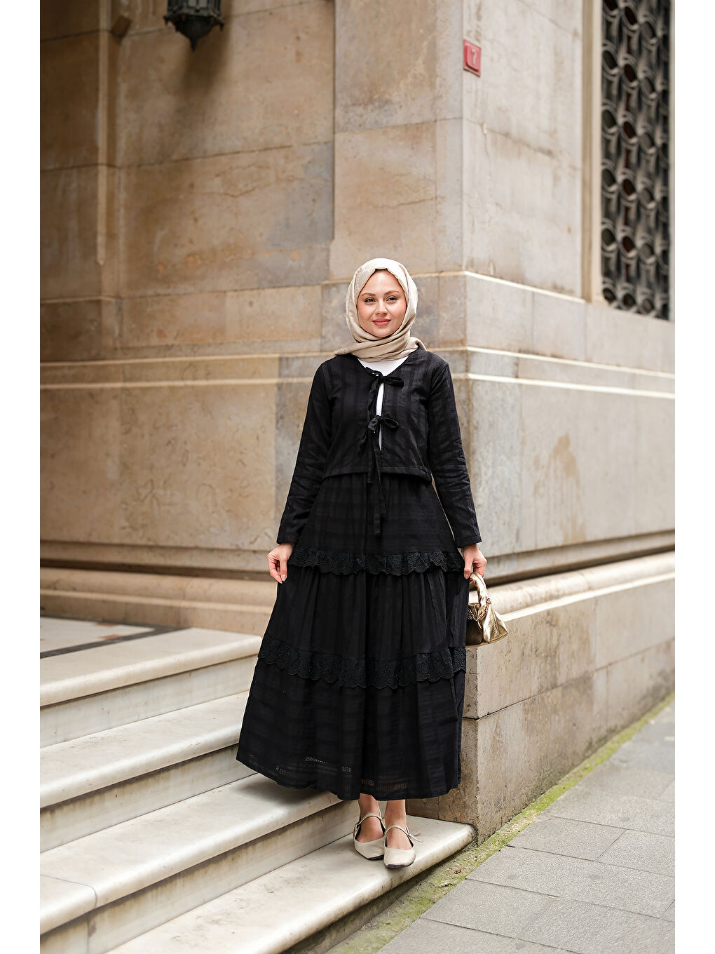 Kadın Önü Kurdale Detay Tesettür ikili Takım Siyah-2