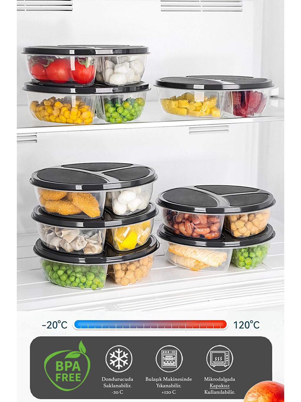 Renksiz 3 Adet Yuvarlak 3 Bölmeli Saklama Kabı-1