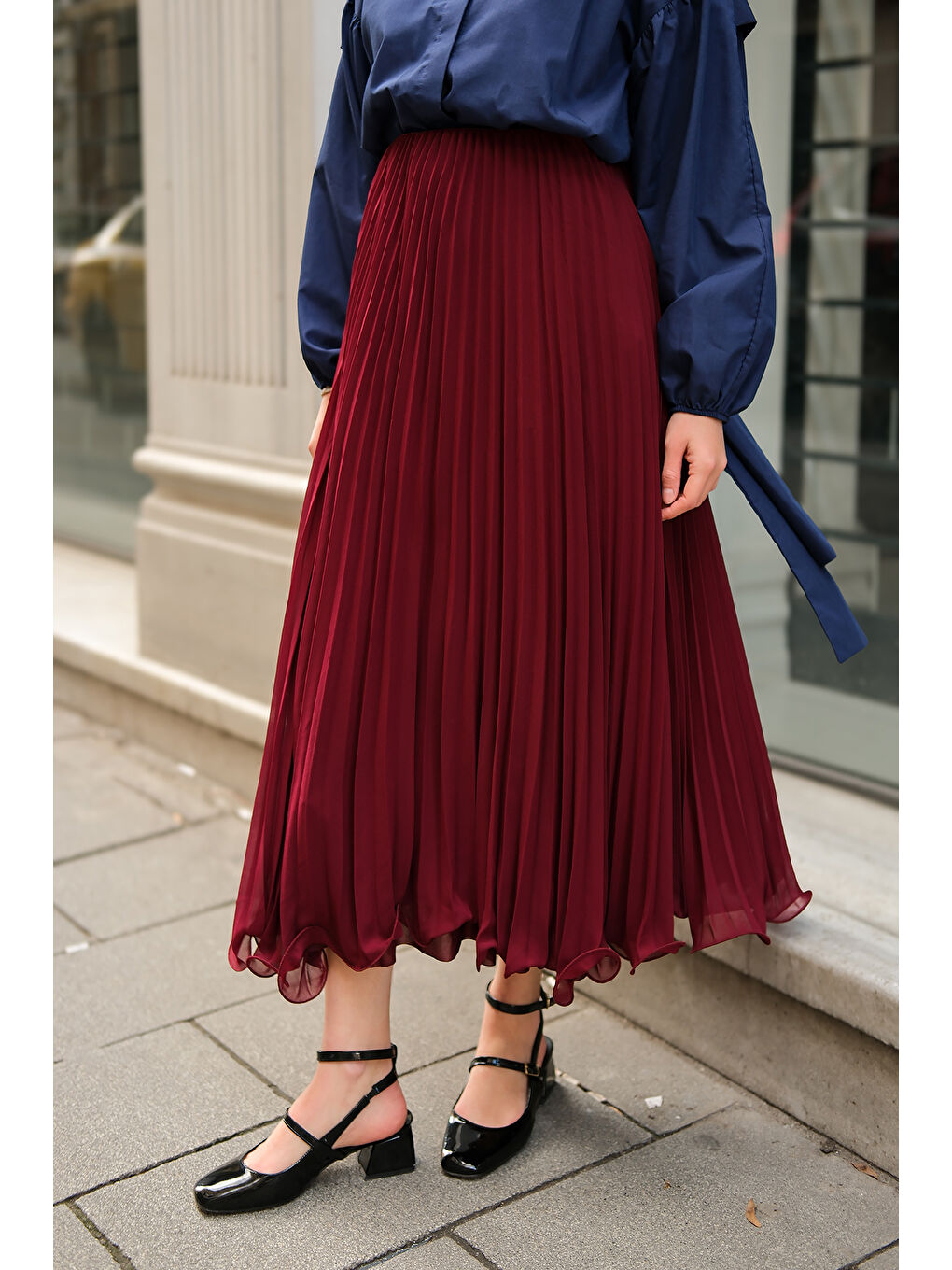 Locco Moda Kadın Beli Lastikli Pileli Etek Bordo - 2