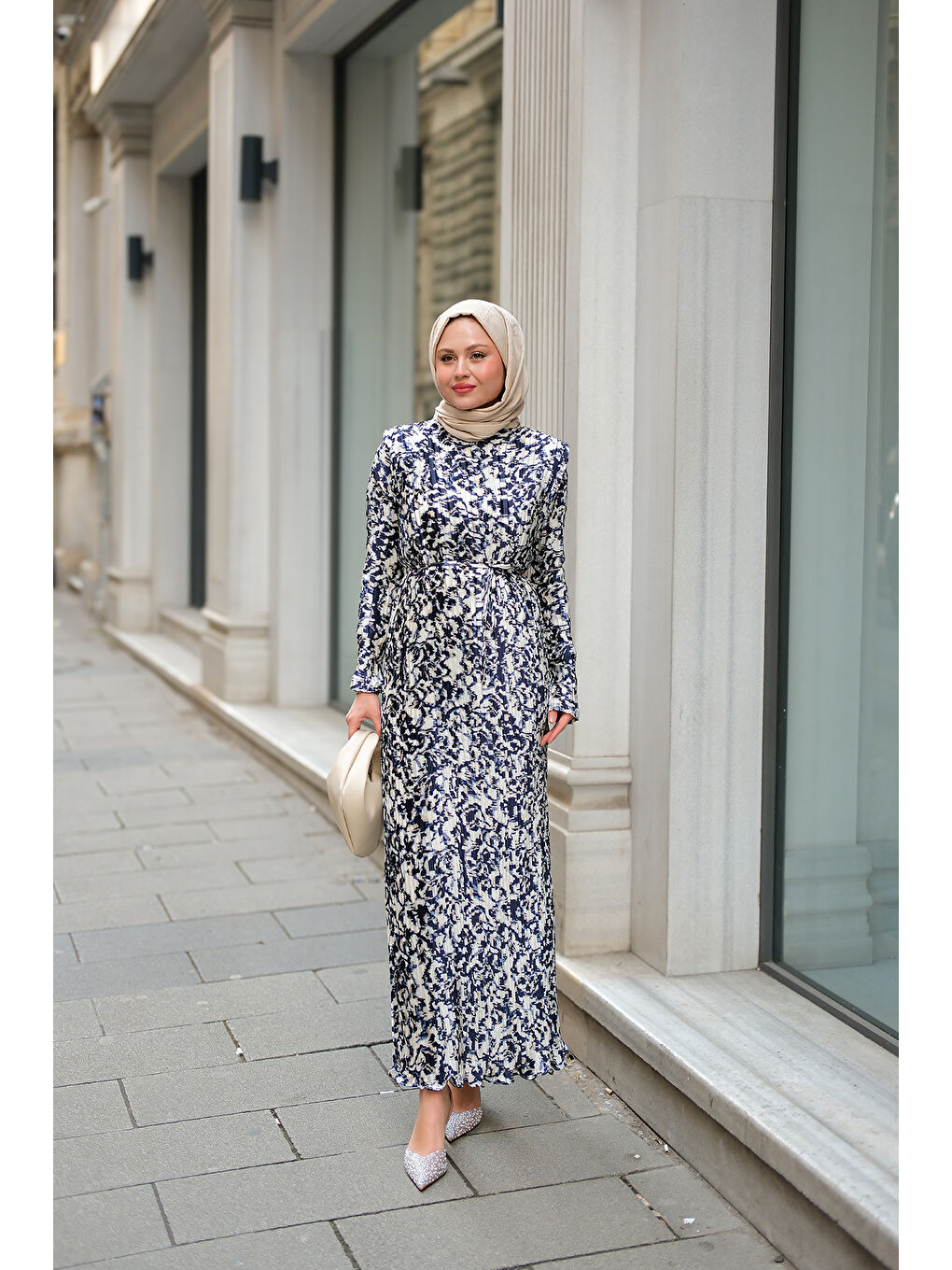 Kadın Dökümlü Viskon Tesettür Elbise Lacivert