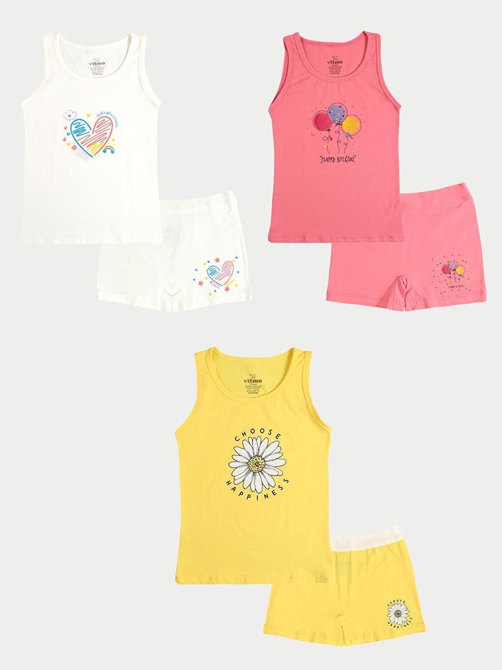 Kız Çocuk Pamuklu 3'Lü Atlet 3'Lü Şort Boxer Karışık Renk Happy 6 Parça Set