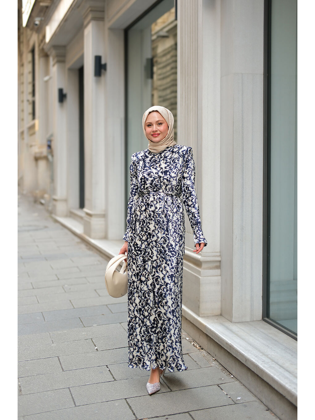 Kadın Dökümlü Viskon Tesettür Elbise Lacivert-1