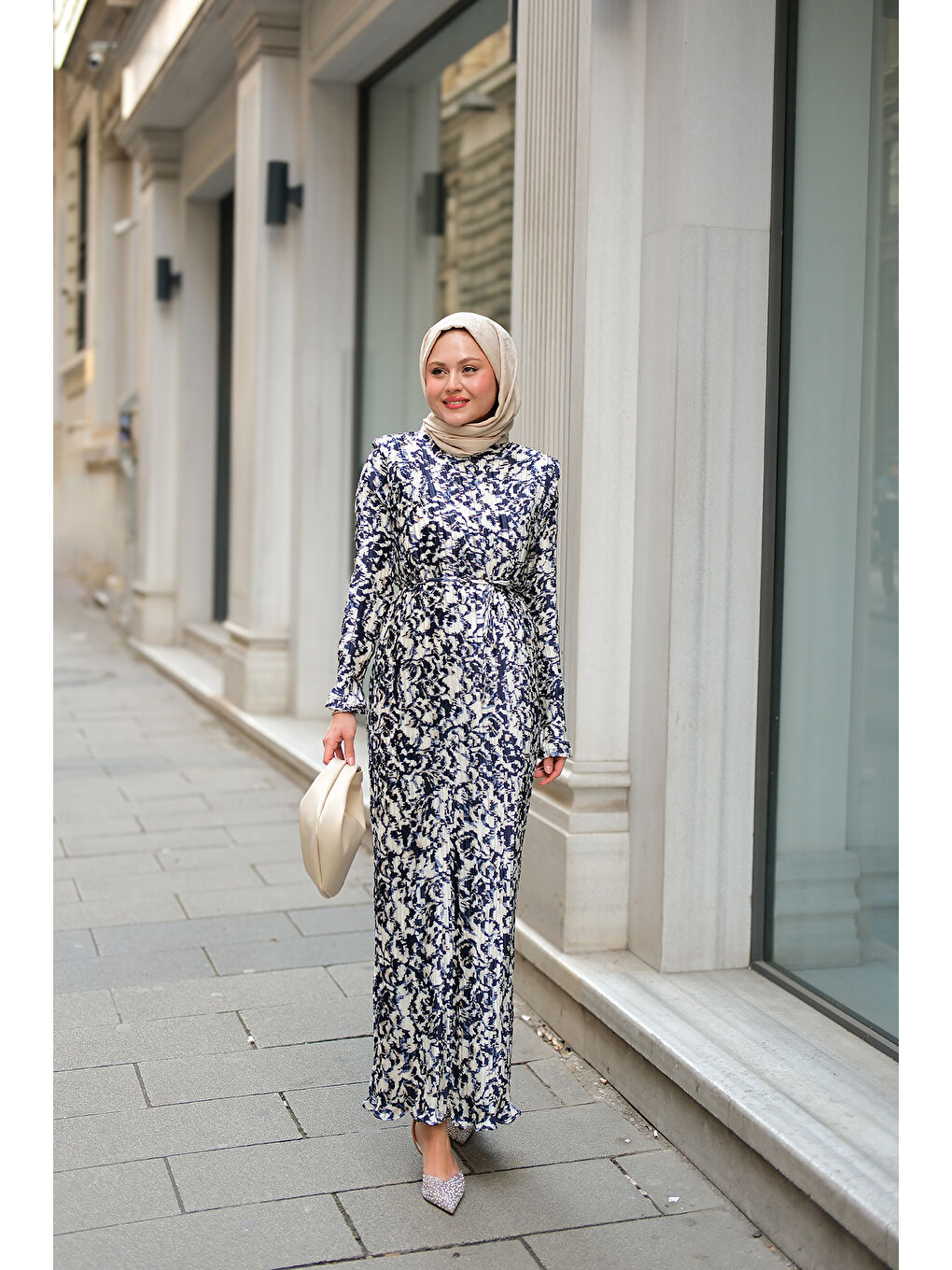 Kadın Dökümlü Viskon Tesettür Elbise Lacivert-2