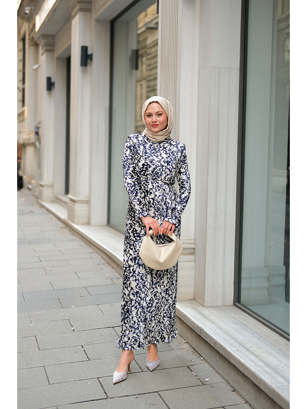 Kadın Dökümlü Viskon Tesettür Elbise Lacivert-3