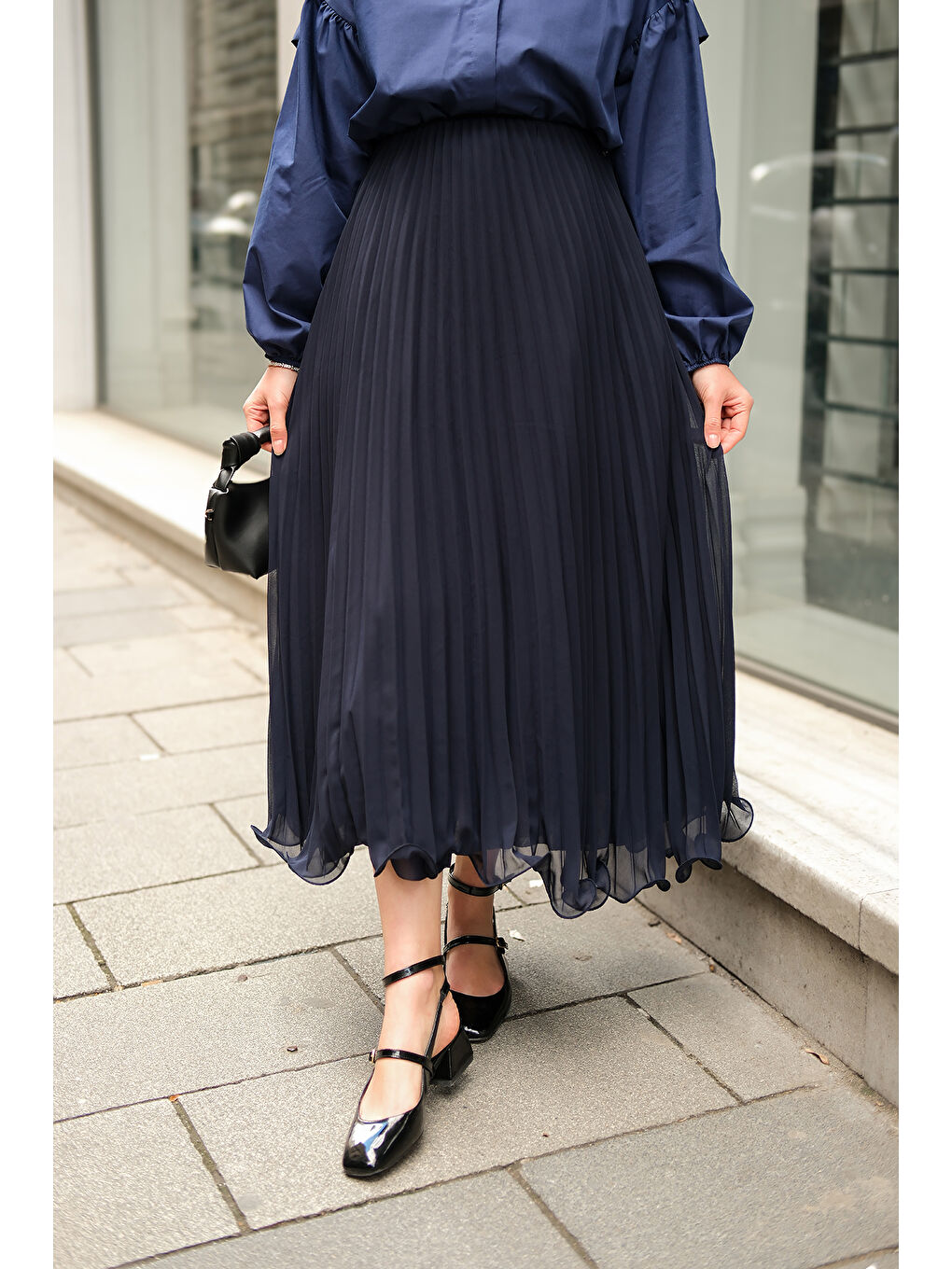 Kadın Beli Lastikli Pileli Etek Lacivert-1