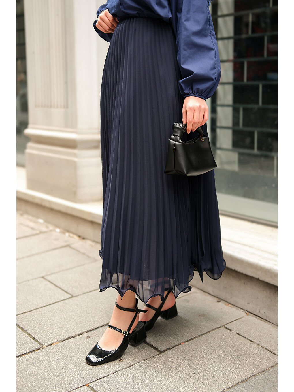 Kadın Beli Lastikli Pileli Etek Lacivert-2