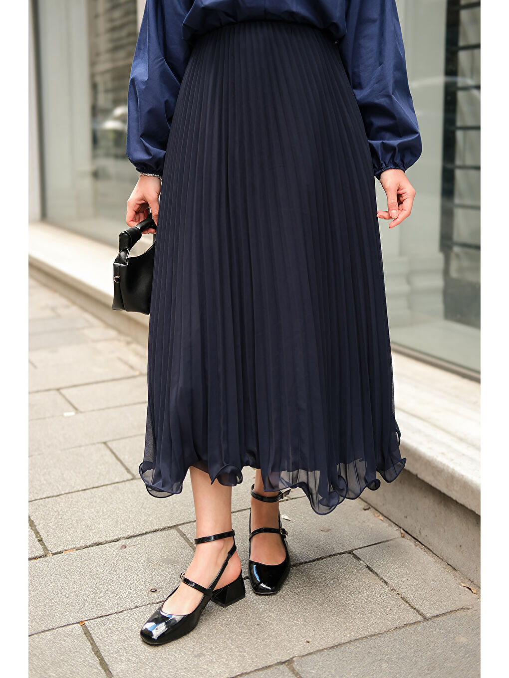 Kadın Beli Lastikli Pileli Etek Lacivert-4