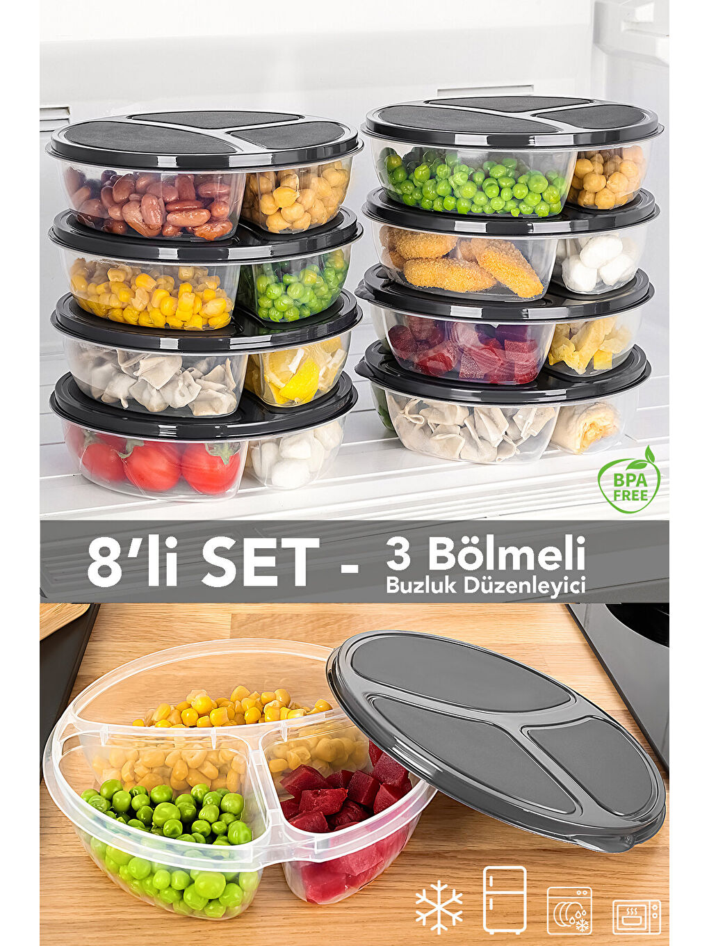 Renksiz 8 Adet Yuvarlak 3 Bölmeli Saklama Kabı
