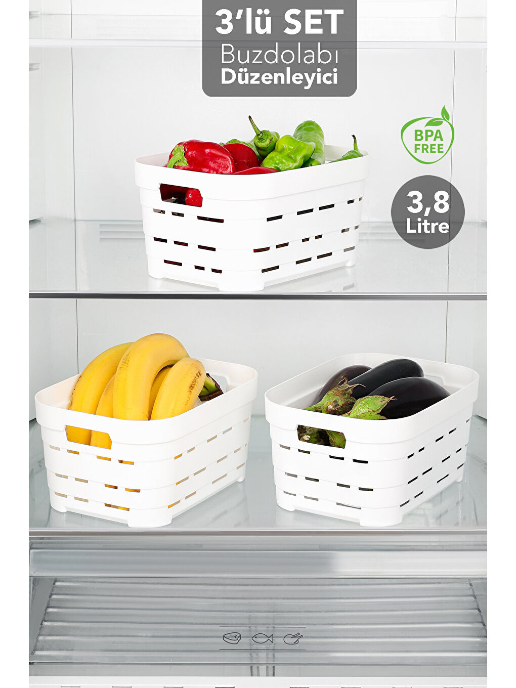 Beyaz 3 Adet Delikli Buzdolabı Düzenleyici 3,8 l