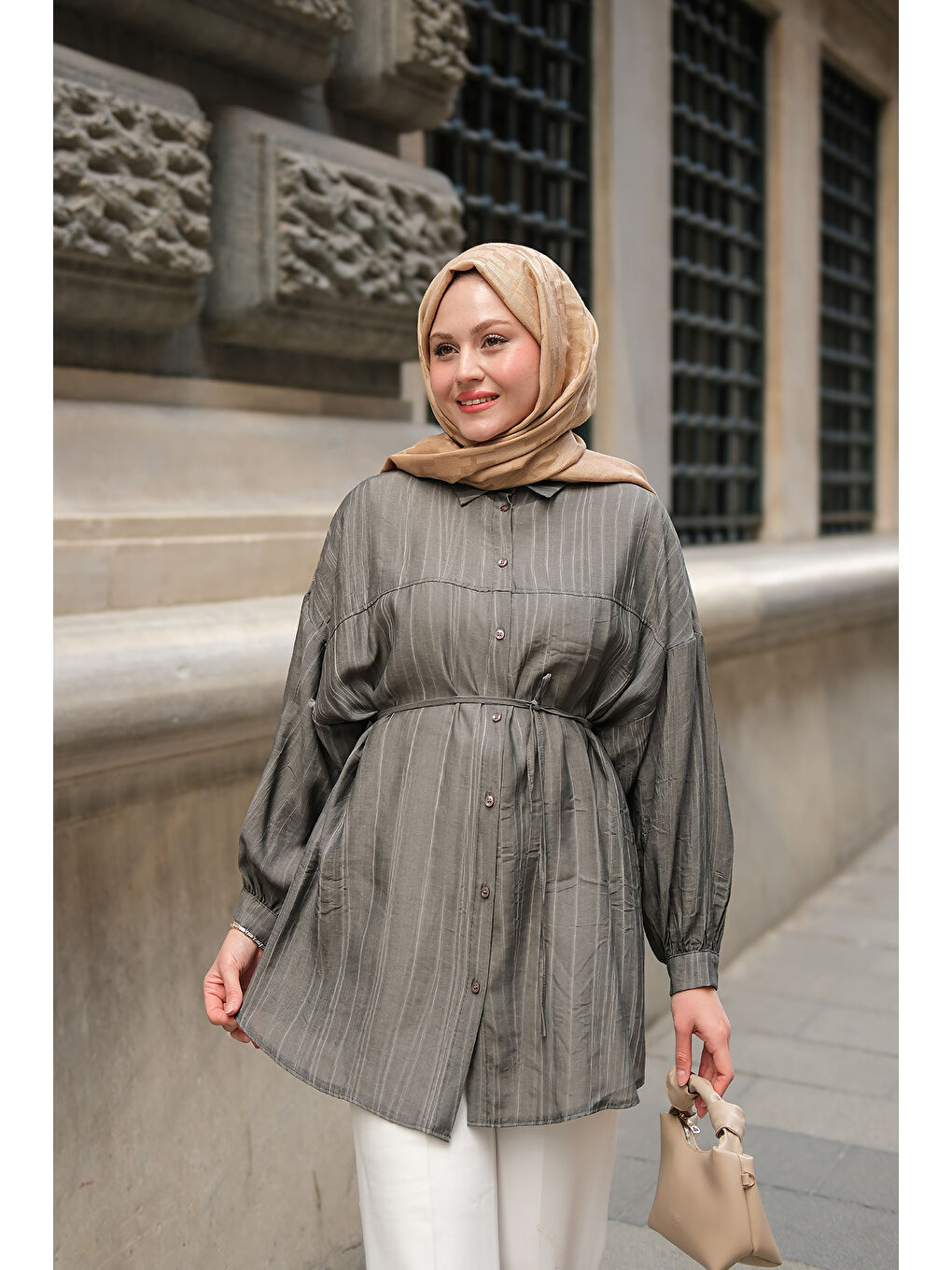 Kadın Ekol Bel Bağlamalı Tesettür Gömlek Antrasit-1