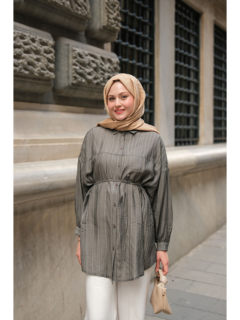 Kadın Ekol Bel Bağlamalı Tesettür Gömlek Antrasit-2