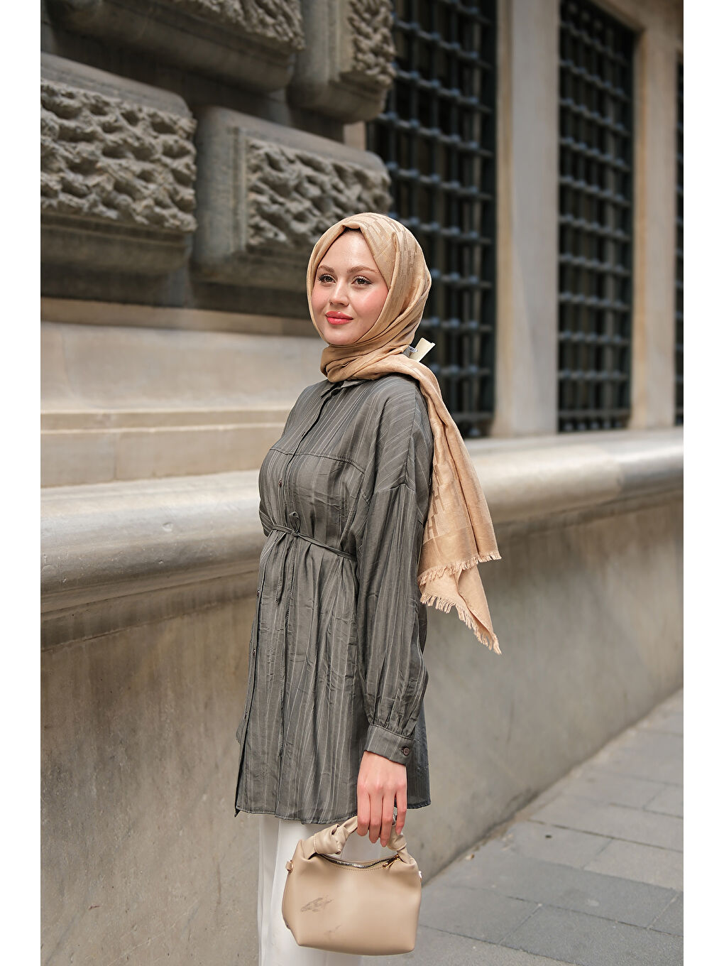 Kadın Ekol Bel Bağlamalı Tesettür Gömlek Antrasit-4