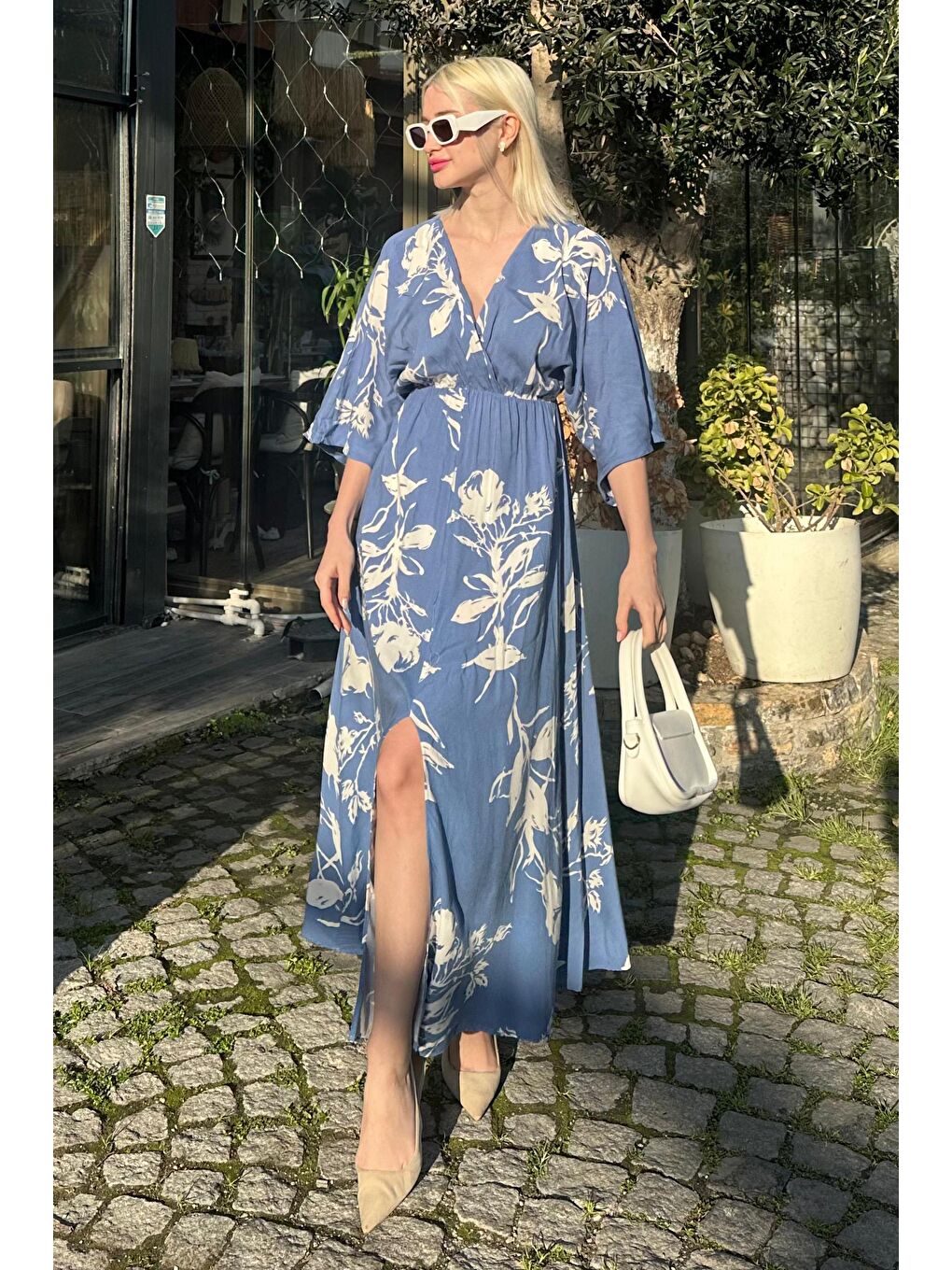 İndigo Desenli Yırtmaç Detaylı Uzun Elbise Mg2324-3