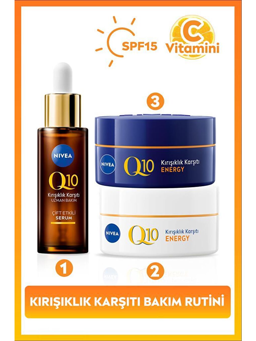 SPF15 Q10 Energy Gündüz Yüz Kremi 50ml, Gece Kremi 50ml ve Kırışıklık Karşıtı Çift Etkili Serum 30ml