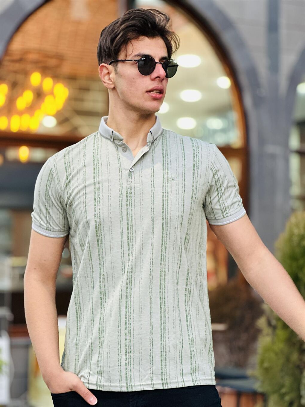 Dikey Eskitme Baskılı Polo Yaka Kısa Kollu Tişört 41231-Haki