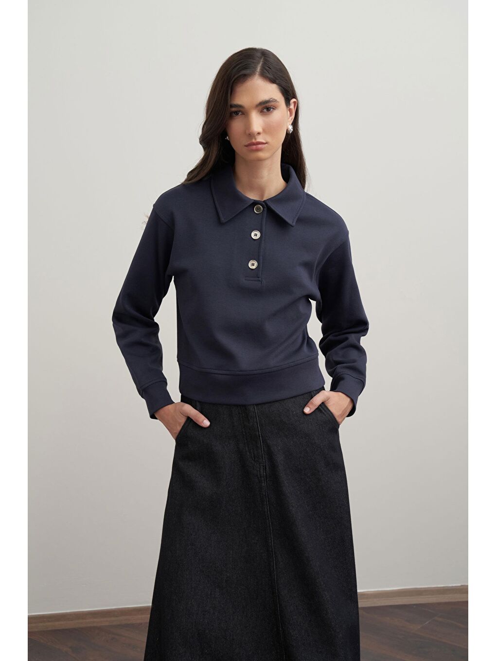 Lacivert-Gömlek Yakalı İnterlok Sweatshırt