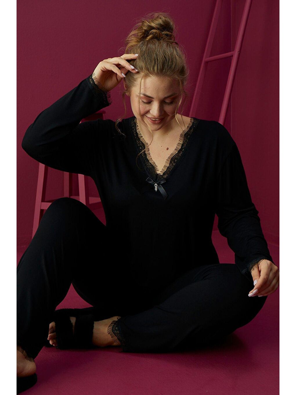 Siyah Viskon Büyük Beden Pijama Takım 1401-B -3