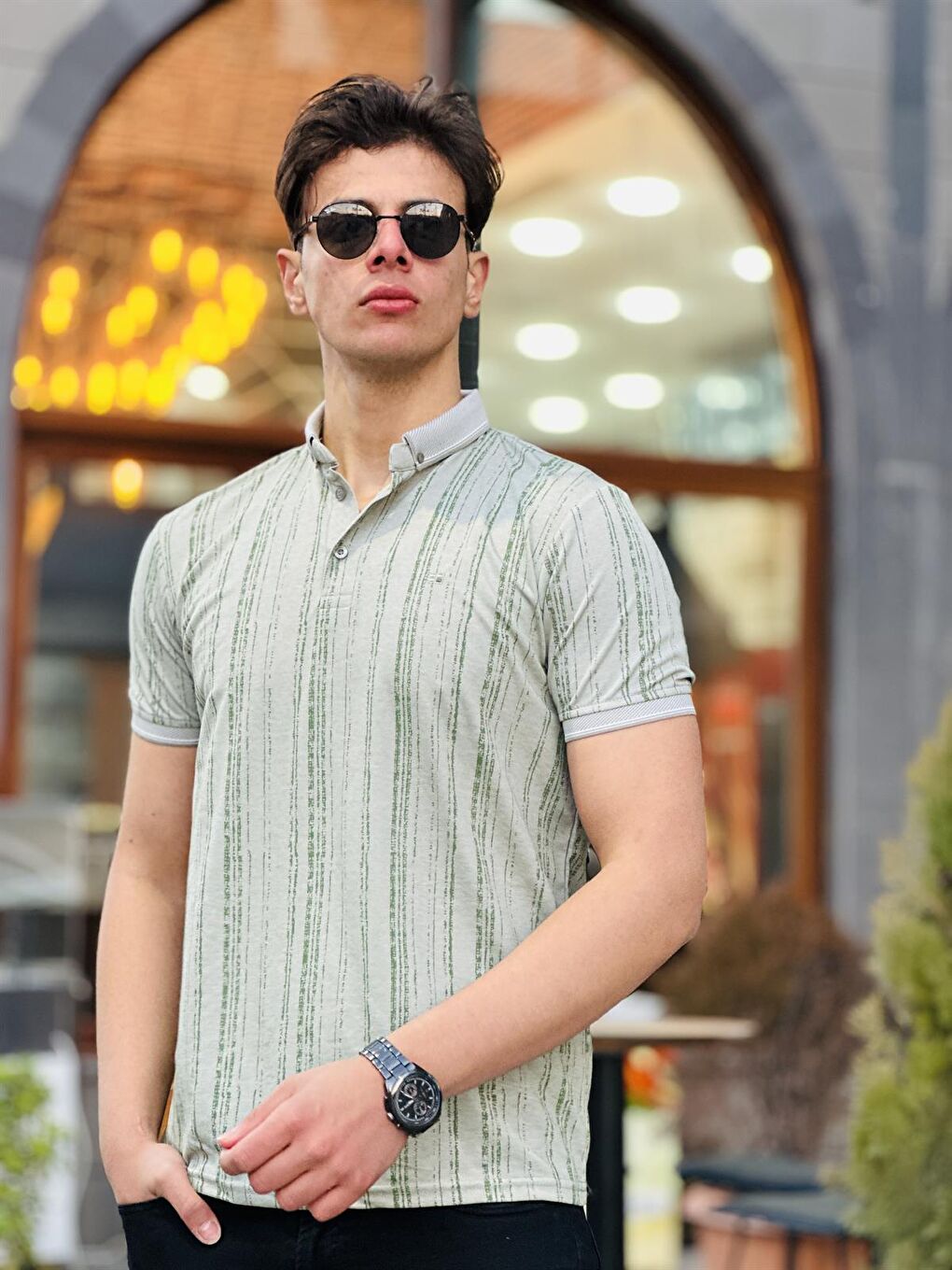 Dikey Eskitme Baskılı Polo Yaka Kısa Kollu Tişört 41231-Haki-1