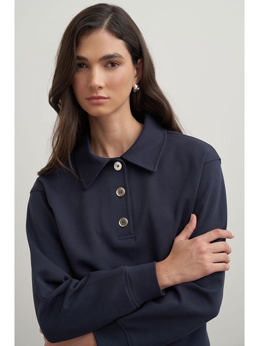 Lacivert-Gömlek Yakalı İnterlok Sweatshırt-3