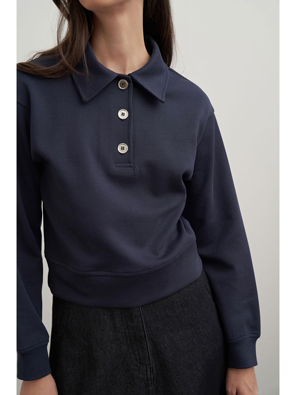 Lacivert-Gömlek Yakalı İnterlok Sweatshırt-4