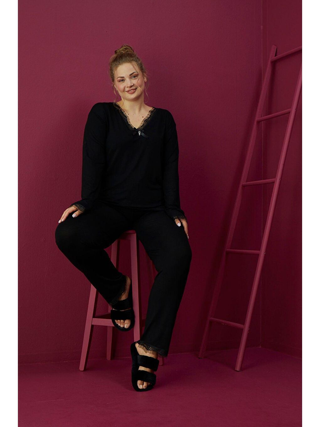 Siyah Viskon Büyük Beden Pijama Takım 1401-B -3-1