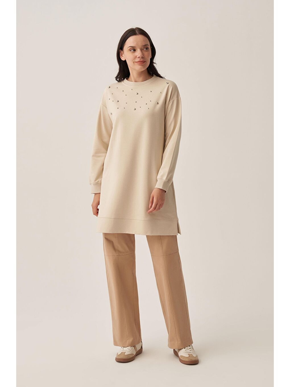 Bej Taş-Pamuklu Droplu Sweat