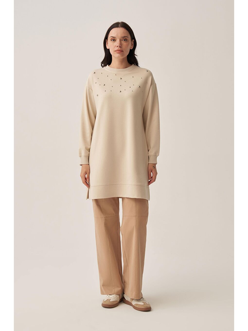 Bej Taş-Pamuklu Droplu Sweat-1