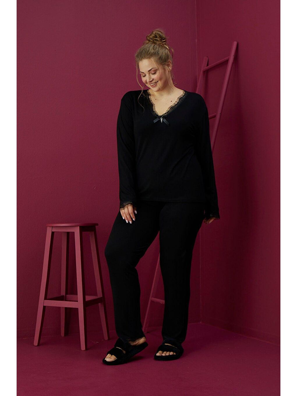 Siyah Viskon Büyük Beden Pijama Takım 1401-B -3-2