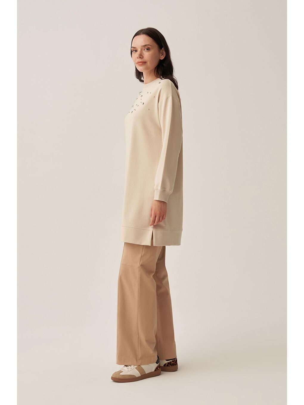 Bej Taş-Pamuklu Droplu Sweat-2