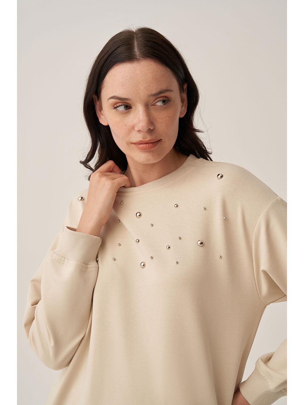 Bej Taş-Pamuklu Droplu Sweat-4