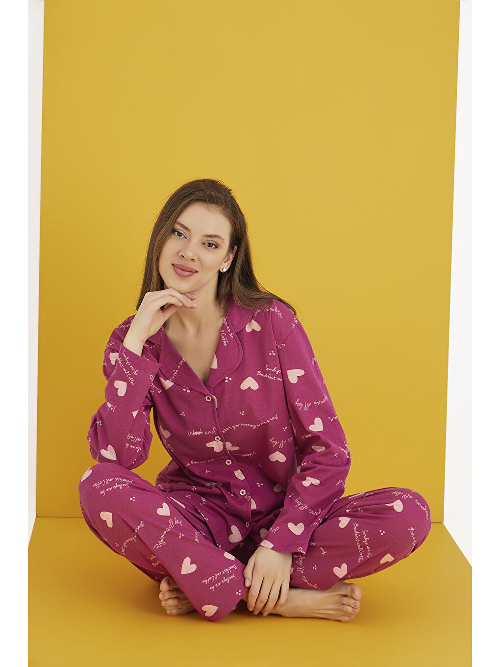 Mor Pamuklu Düğmeli Pijama Takımı 451-39