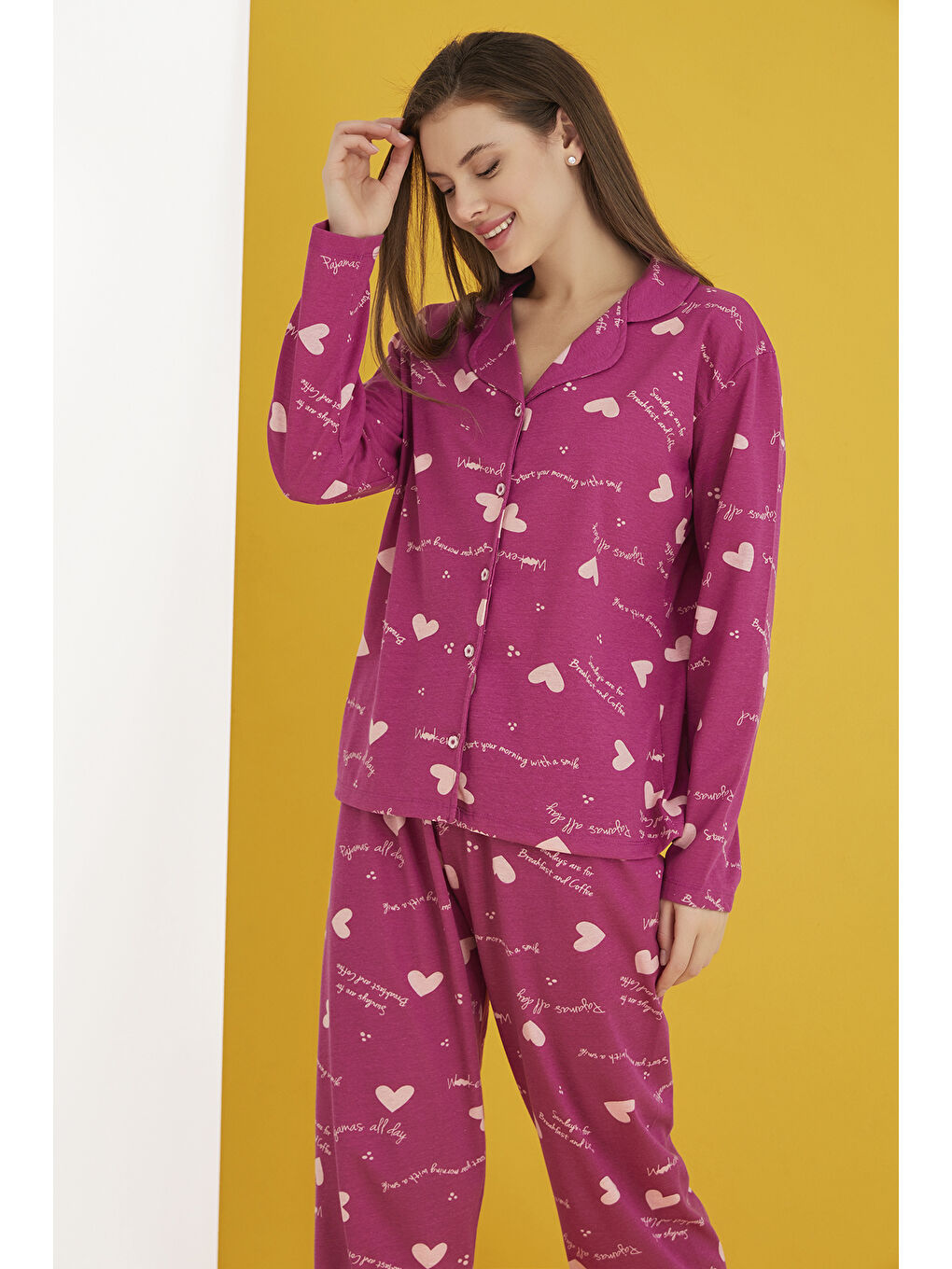 Mor Pamuklu Düğmeli Pijama Takımı 451-39-1