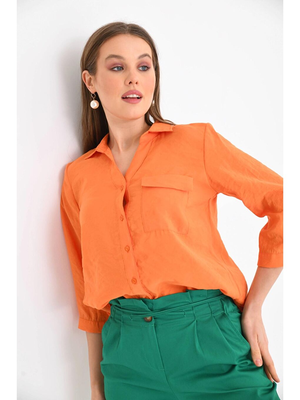 Kadın Turuncu %100 Pamuk Uzun Kollu Gömlek.