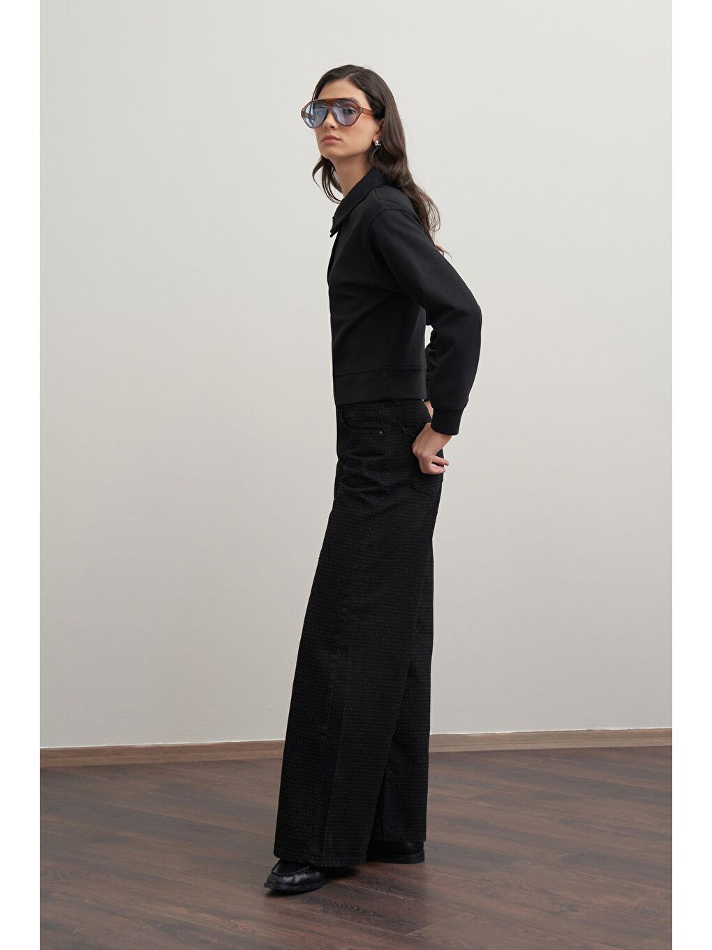 Siyah-Gömlek Yakalı İnterlok Sweatshırt-2