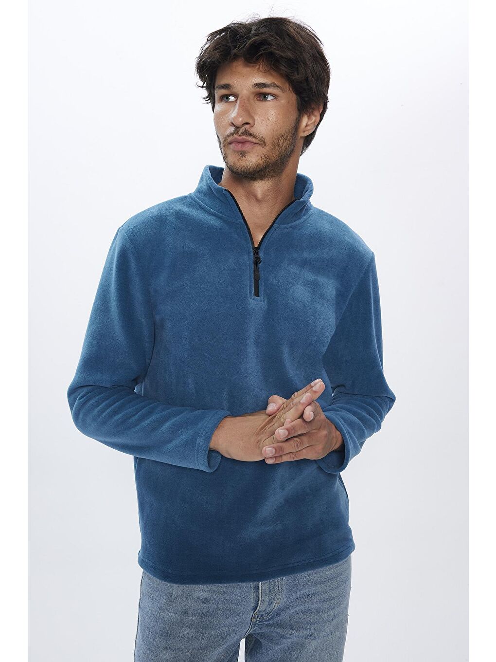 TUDORS İndigo Erkek Standart Fit Rahat Kesim Tüylenme Yapmayan Soğuk Geçirmez İndigo Dik Yaka Polar Sweatshirt