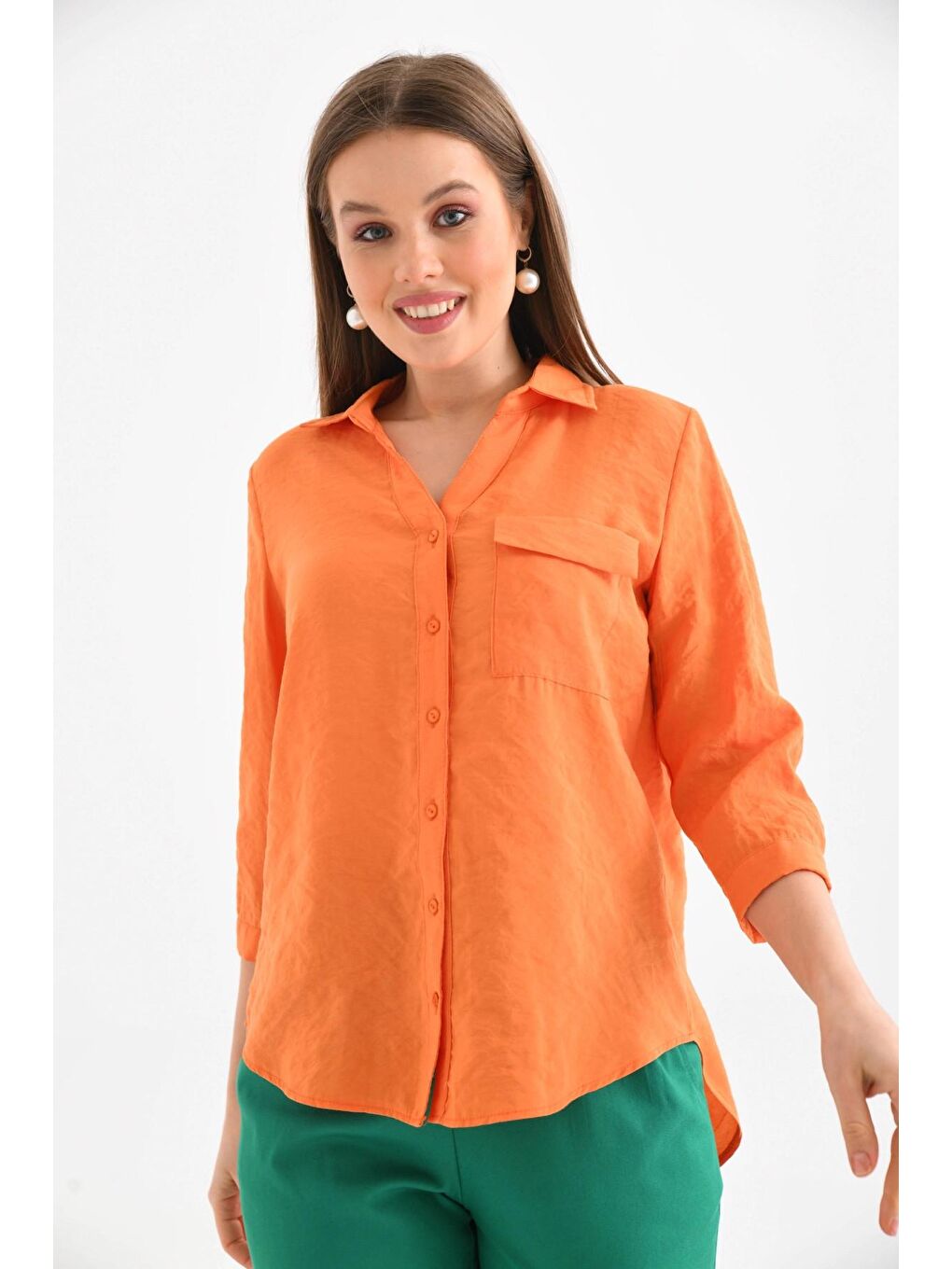 Kadın Turuncu %100 Pamuk Uzun Kollu Gömlek.-1