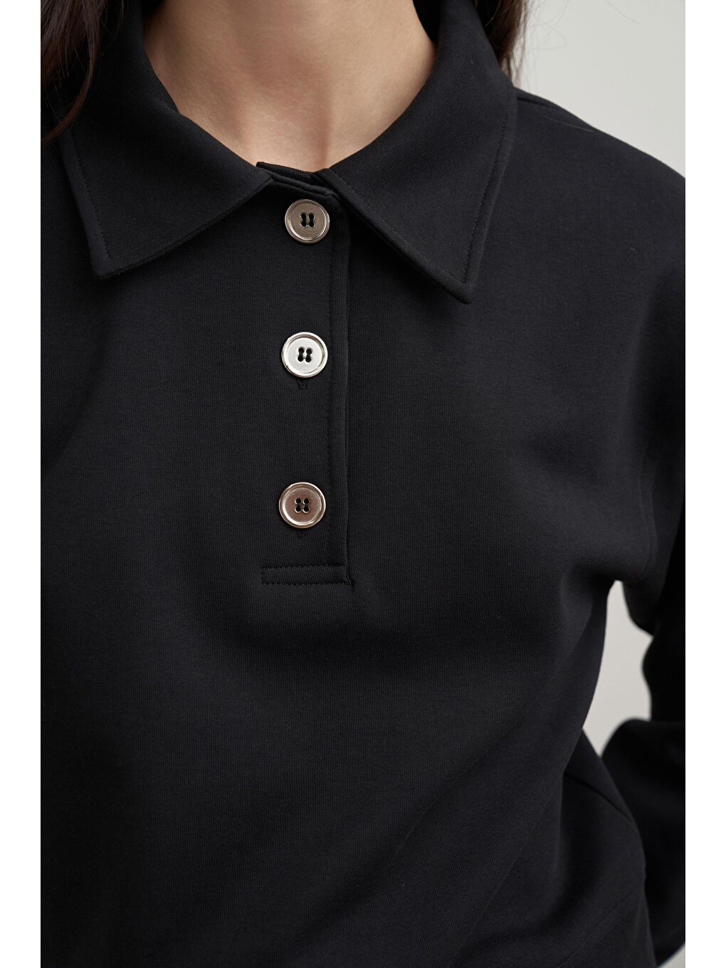 Siyah-Gömlek Yakalı İnterlok Sweatshırt-4