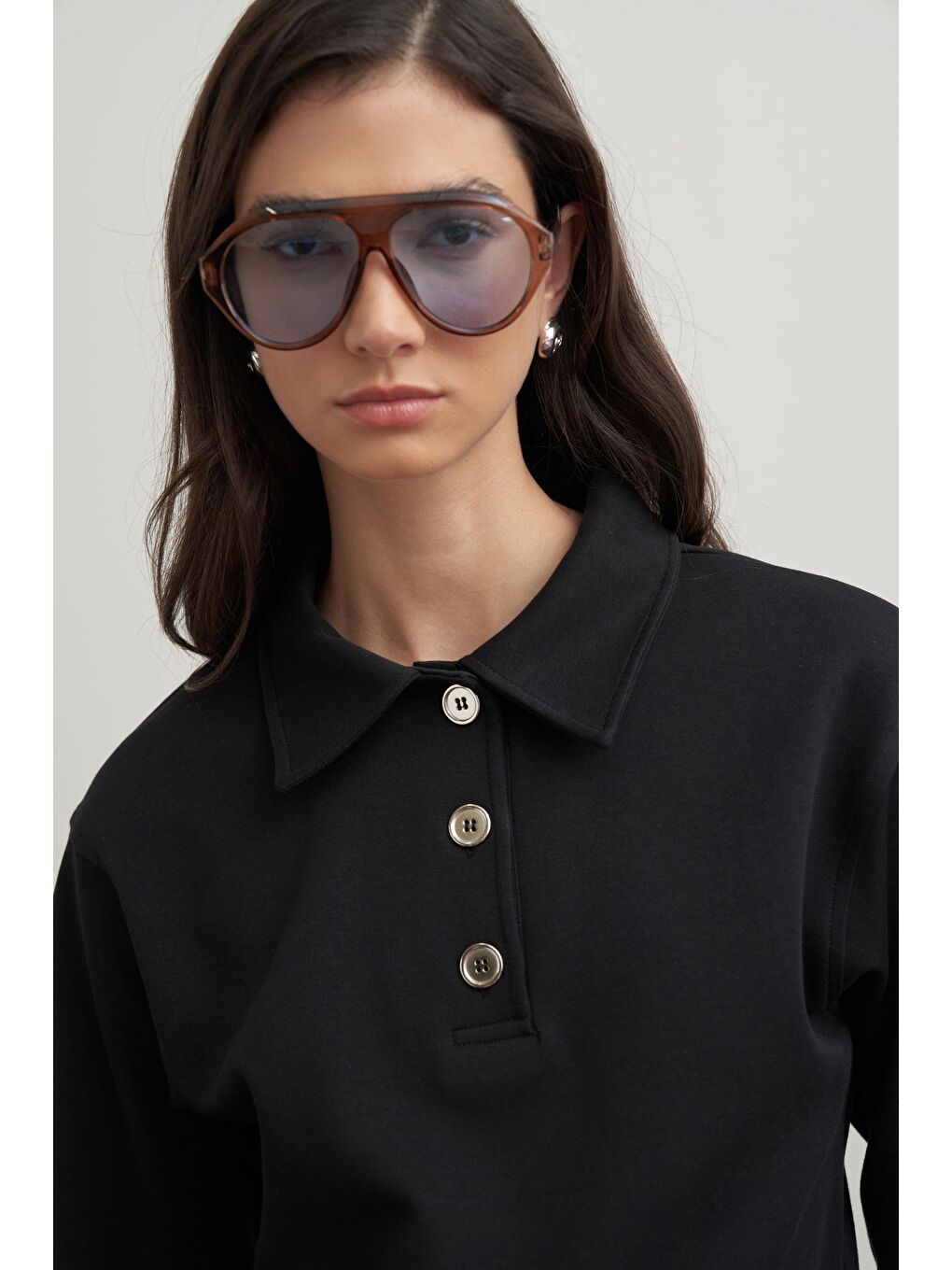 Siyah-Gömlek Yakalı İnterlok Sweatshırt-5