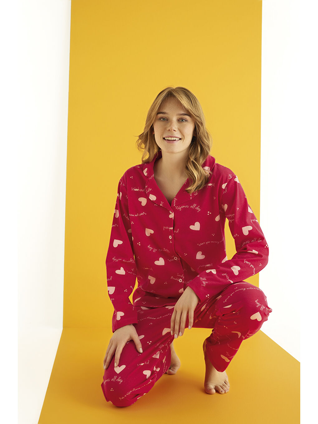 Pembe Pamuklu Düğmeli Pijama Takım 451-37