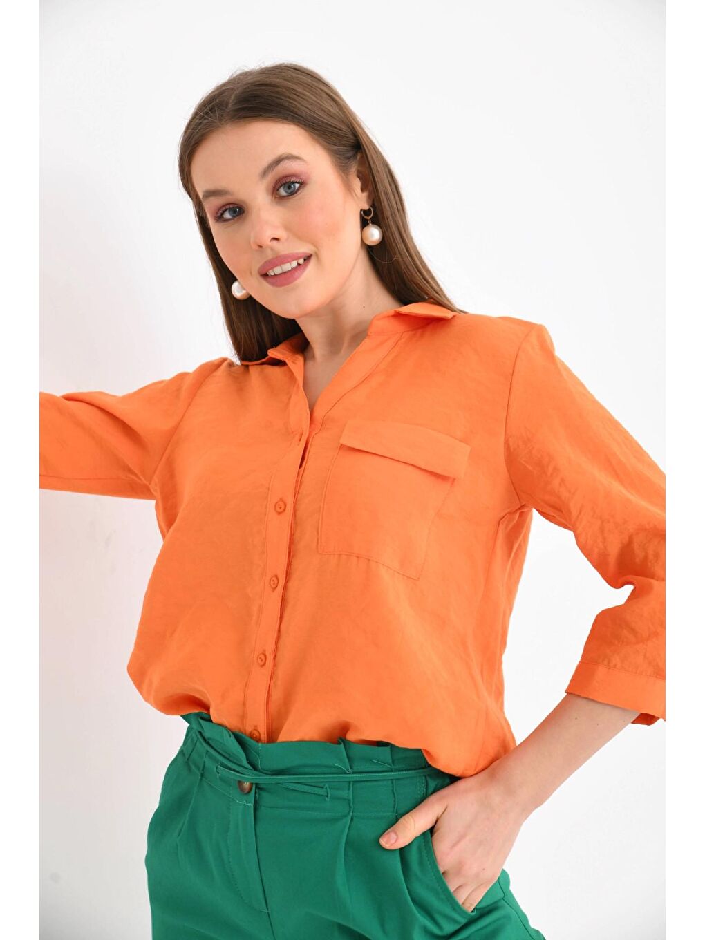 Kadın Turuncu %100 Pamuk Uzun Kollu Gömlek.-2