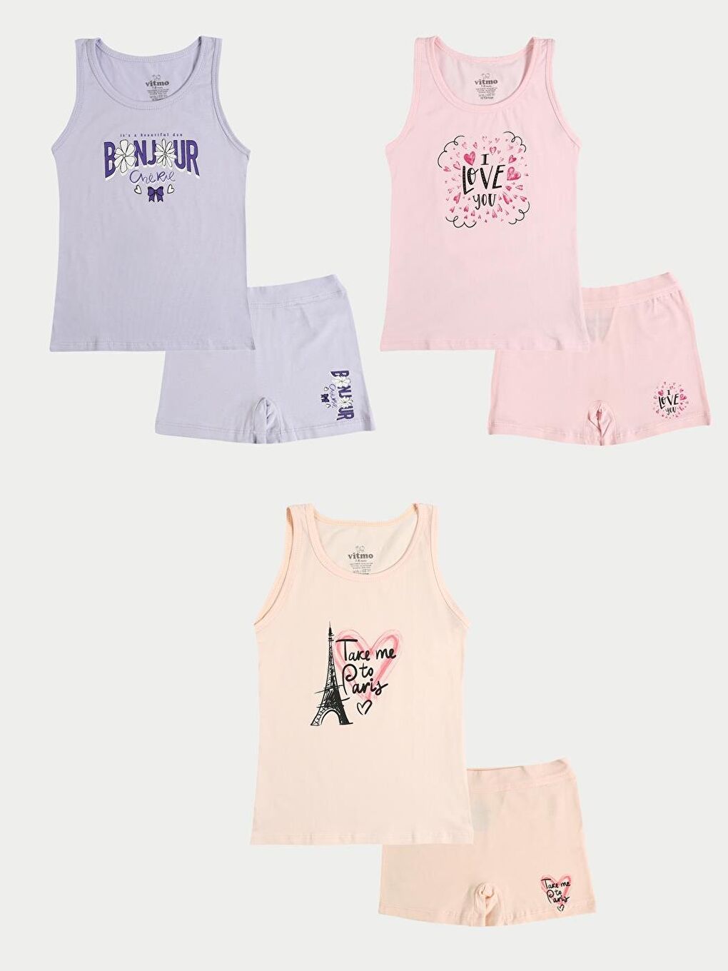 Kız Çocuk Pamuklu 3'Lü Atlet 3'Lü Şort Boxer Karışık Renk Bonjour 6 Parça Set