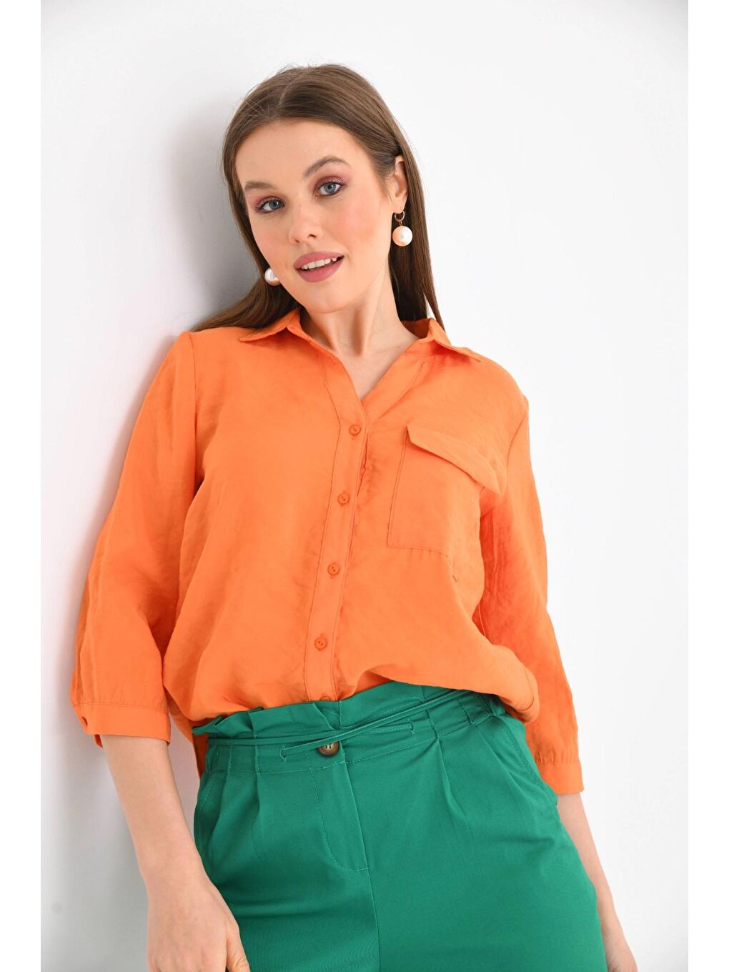 Kadın Turuncu %100 Pamuk Uzun Kollu Gömlek.-3
