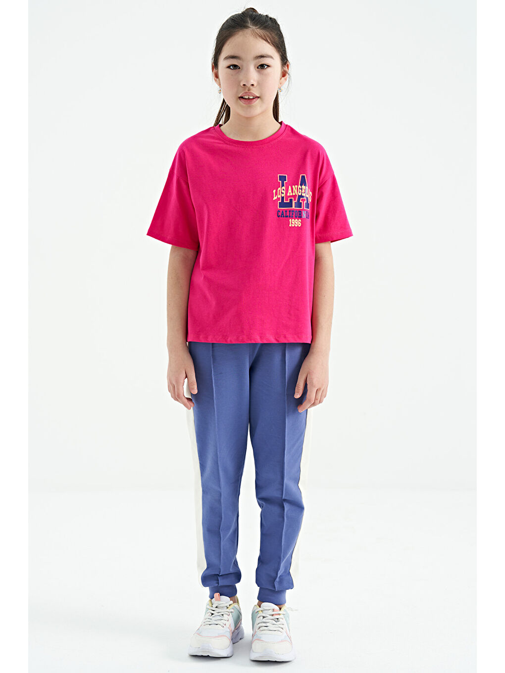 Fuşya Ön Arka Baskılı O Yaka Oversize Kısa Kollu Kız Çocuk Tişört - 75127-2