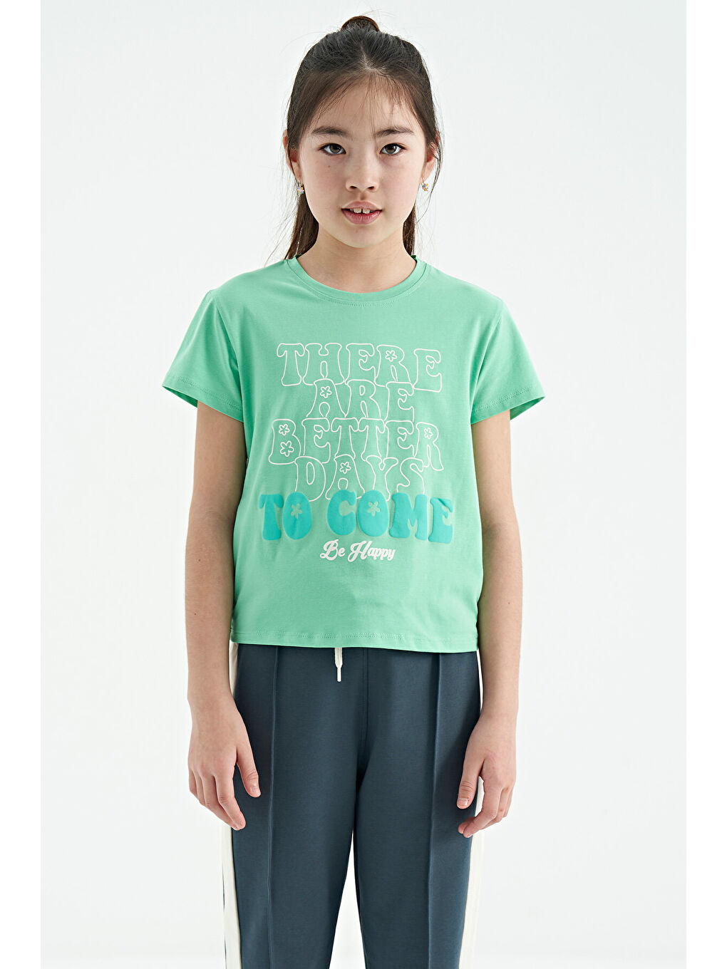 Turkuaz Su Yeşili O Yaka Yazı Baskılı Rahat Form Kısa Kollu Cropped Kız Çocuk Tişört - 75118