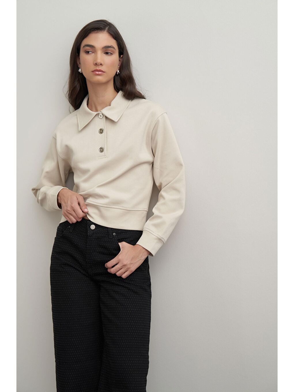 Bej Taş-Gömlek Yakalı İnterlok Sweatshırt